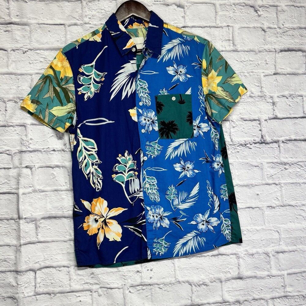 American Eagle Men's Floral Print Mixed Media Button Down Shirt‎ Size M Classic